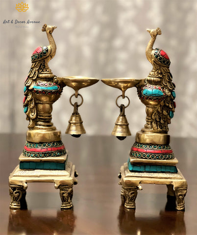 Brass Peacock Diya (Set of 2)